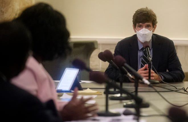 Then Mississippi State Health Officer Thomas Dobbs speaks about medical marijuana during the Mississippi Legislative Black Caucus medical marijuana hearing at the Capitol in Jackson, Miss., Tuesday, Sept. 28, 2021.