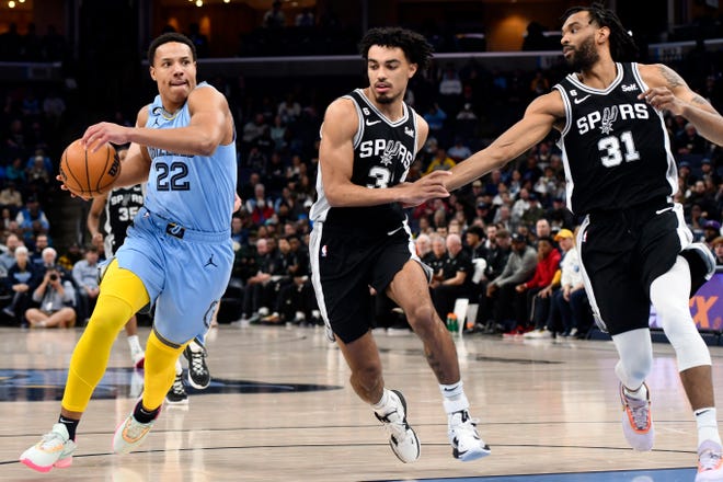 Memphis Grizzlies guard Desmond Bane (22) handles the ball against San Antonio Spurs guard Tre Jones and forward Keita Bates-Diop (31) in the first half of an NBA basketball game, Monday, Jan. 9, 2023, in Memphis, Tenn. (AP Photo/Brandon Dill)