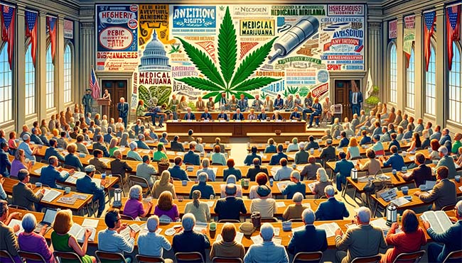 Image illustrates public interest in the advertising rights issue for medical marijuana dispensaries in Mississippi. It shows a diverse group of people in a public setting, such as a town hall or community meeting, actively engaged in a discussion about the topic. The atmosphere is dynamic and participative, with posters and banners related to medical marijuana and freedom of speech, symbolizing the community's involvement. The background incorporates elements of Mississippi's cultural and architectural heritage, emphasizing the local significance of the issue.